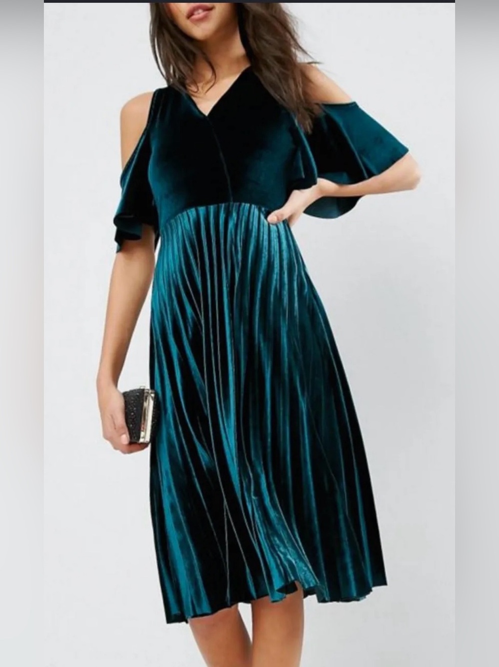 ASOS Dark Green Velvet Cold Shoulder Pleated Midi Dress